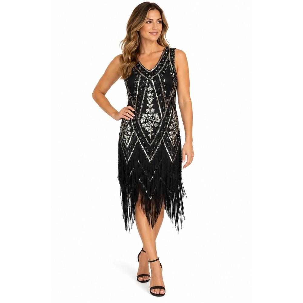 PrettyGuide Sequin Flapper Dress Black Silver Art Deco Fringe Gatsby Size M